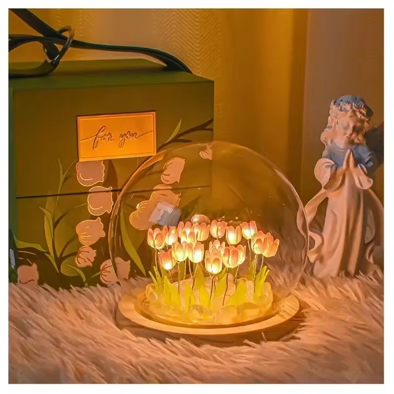 Night Light Artificial Tulip Flower Ornaments Handmade DIY Bedside LED Night Lamp Bedroom Desk Decor Birthday Gifts Table Lights