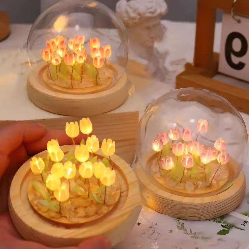 Night Light Artificial Tulip Flower Ornaments Handmade DIY Bedside LED Night Lamp Bedroom Desk Decor Birthday Gifts Table Lights