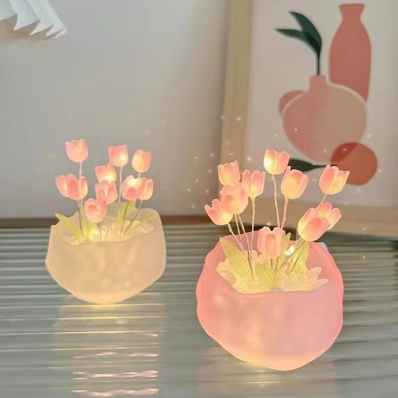 Night Light Artificial Tulip Flower Ornaments Handmade DIY Bedside LED Night Lamp Bedroom Desk Decor Birthday Gifts Table Lights
