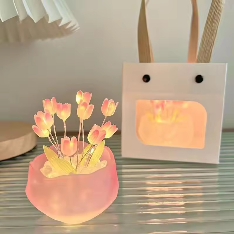 Night Light Artificial Tulip Flower Ornaments Handmade DIY Bedside LED Night Lamp Bedroom Desk Decor Birthday Gifts Table Lights