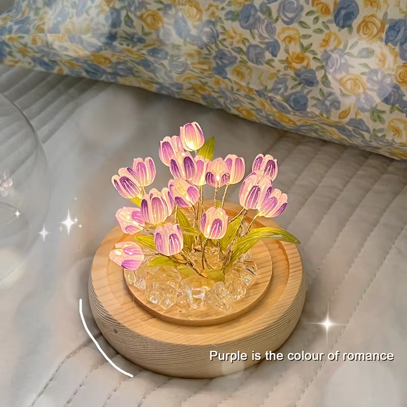 Night Light Artificial Tulip Flower Ornaments Handmade DIY Bedside LED Night Lamp Bedroom Desk Decor Birthday Gifts Table Lights