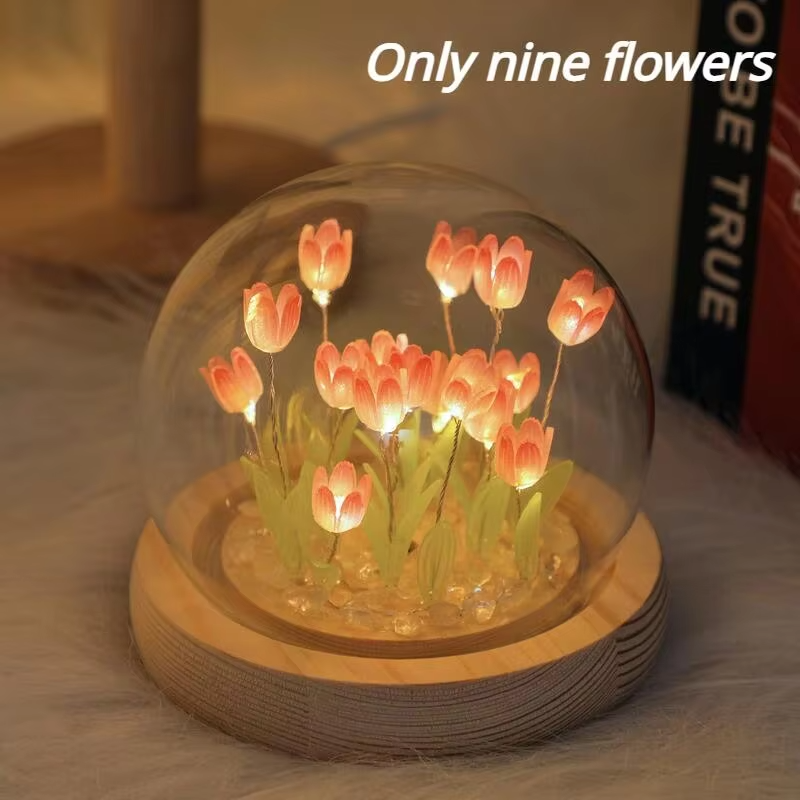 Night Light Artificial Tulip Flower Ornaments Handmade DIY Bedside LED Night Lamp Bedroom Desk Decor Birthday Gifts Table Lights