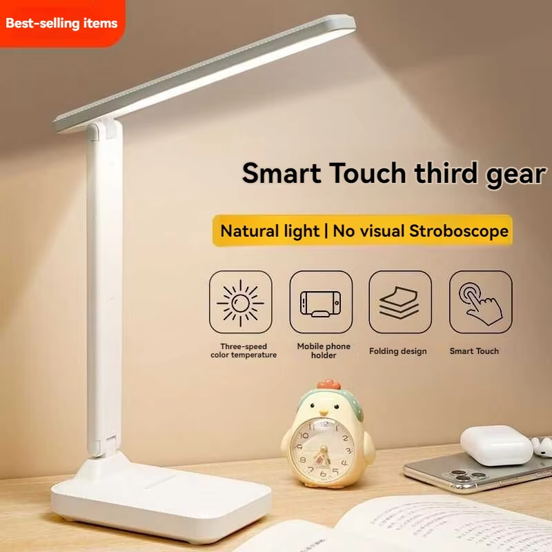 USB Powered Foldable LED Desk Lamp, 3-Level Dimmable Cool White, Fixed Angle Eye-Caring Light for Office Study Reading