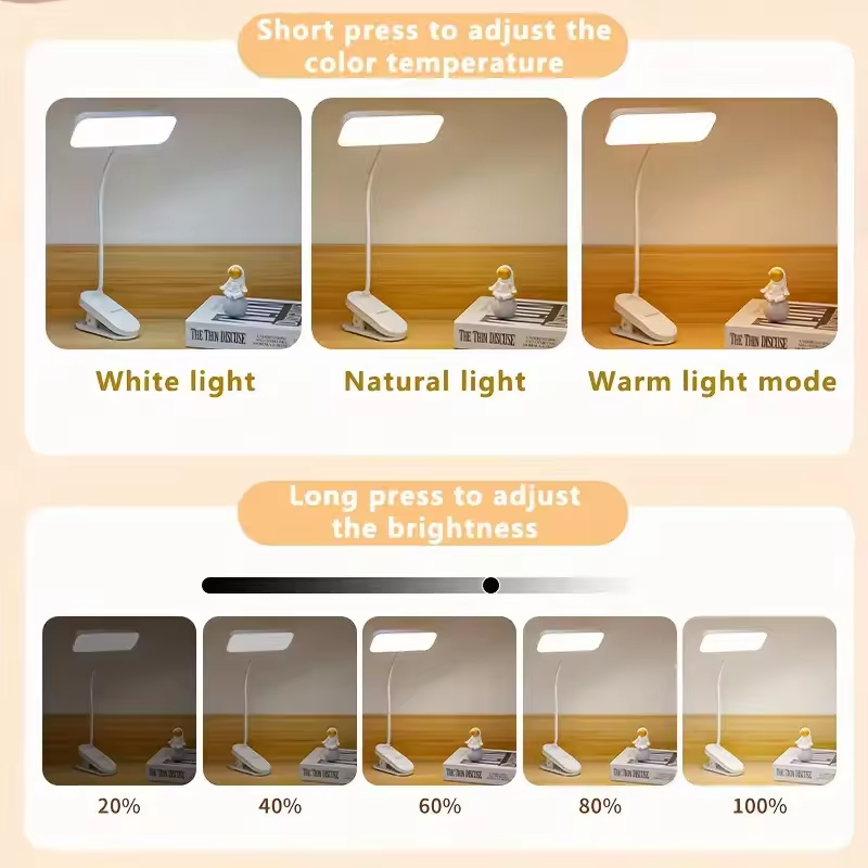 A dimmable LED desk lamp with adjustable color temperature and bendable lamp tube - touch reading lamp with lampshade, 800 mAh b